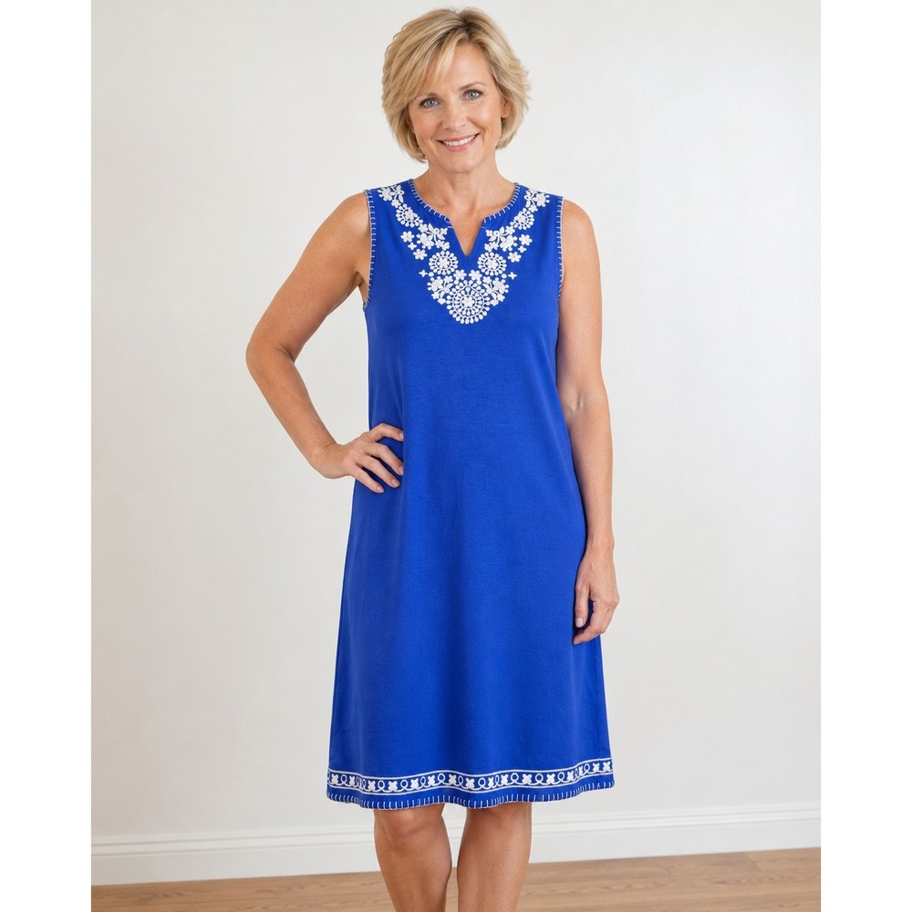 Grace Elements Cobalt Blue White Embroidered Sleeveless Dress Medium
